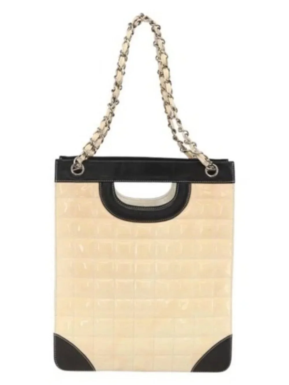 CHANEL Choco Bar Chain Shoulder Bag Patent Leather Beige Silver CC Auth BA11764A